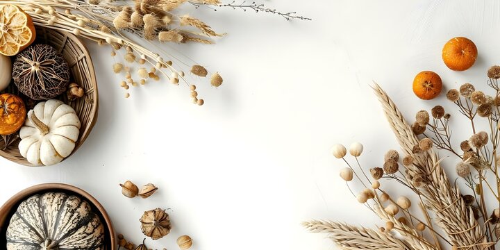 Thanksgivingthemed objects set on a white background. Concept Thanksgiving theme, White background, Seasonal objects, Tabletop decor, Autumnal still life