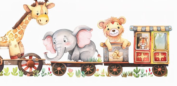 Adorable cartoon safari animals ride on a train amidst a whimsical landscape with lush greenery and colorful flowers