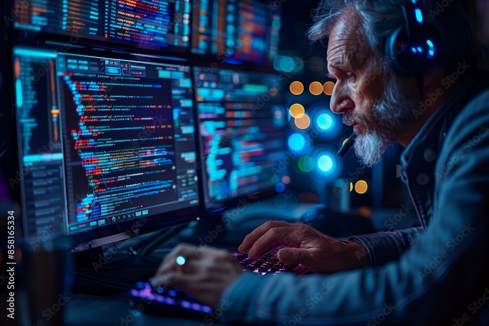 Poster senior programmer working late on code in a dark office