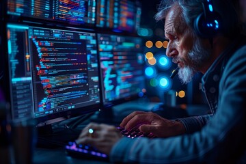 Senior Programmer Working Late On Code In A Dark Office