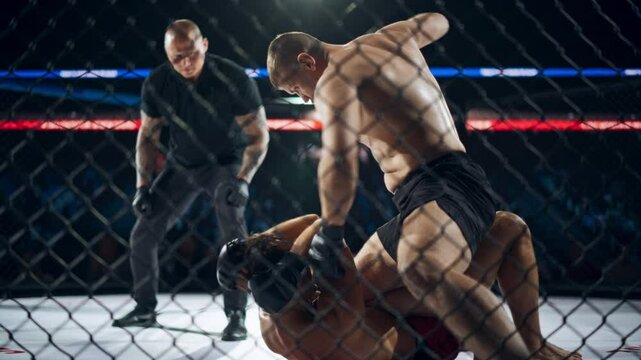 Two Male MMA Fighters, One in Black Shorts and the Other in Red, Showcasing Striking, Grappling, and Ground and Pound Techniques in a Professional MMA Bout. Referee is Overviewing the Match