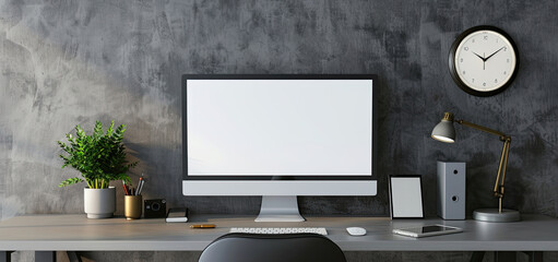 Fototapeta premium Digital Workspace with Computer, Blank Screen, Desk, and Wall Clock in Minimalist Home Office Studio