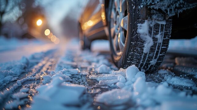 A photograph focusing on car tires making tracks on a snowy and icy surface, showcasing active traffic flow and the cold winter environment, underlining the season's roadway challenges.