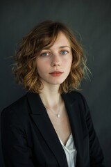 portrait of young woman in professional setting, featuring soft natural light and a minimalistic grey background. She has short curly hair and wears a black blazer, emphasizing a business casual look