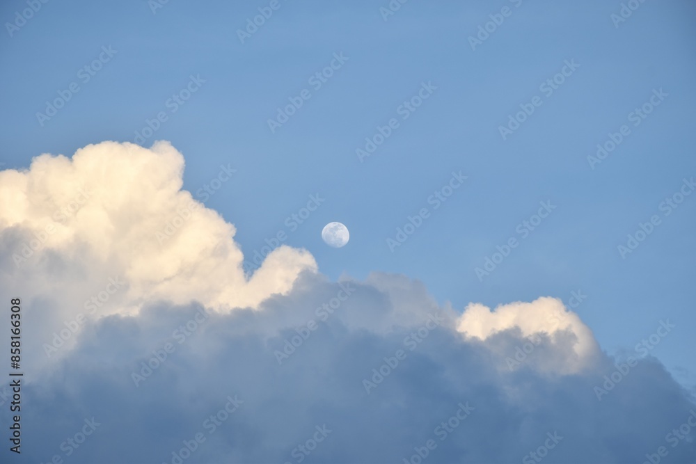 Wall mural half moon floating from rain cloud on sky in twilight background