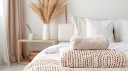A stack of white towels and beige blankets rest on a white bed in a modern bedroom