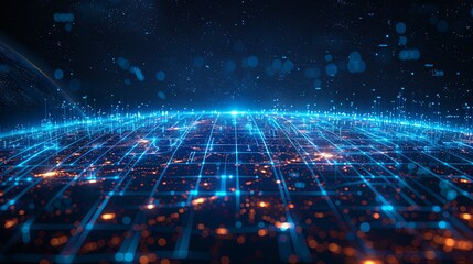 A high-tech grid and data stream overlay on Earth's surface at night, depicting a networked and interconnected world, with vibrant blue and orange hues.