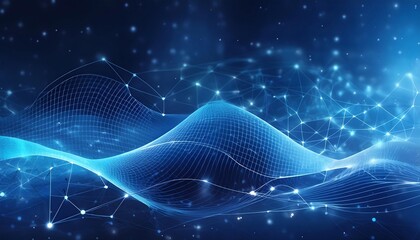 abstract blue technology background with digital waves, dynamic network system, artificial neural connections, cyber quantum computing and electronic global intelligence
