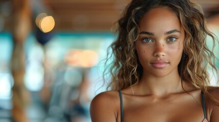 Fototapeta premium A woman poses casually in a modern gym, with a relaxed yet confident demeanor, reflecting athleticism and well-being, set against the contemporary fitness environment.