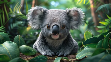 Obraz premium A delightful koala is seen perched amidst vibrant green foliage in a lush forest, showcasing the charm and serene beauty of wildlife amidst nature.