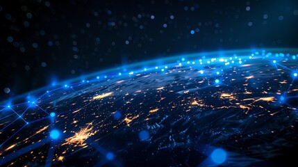 A visual representation of Earth's surface interspersed with glowing blue nodes and grid lines, symbolizing a high-tech interconnected network and global data exchange.