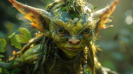 Fototapeta premium A whimsical forest creature with large, pointed ears, adorned with leaves and moss, radiates an aura of curiosity and wonder in a sunlit forest scene.
