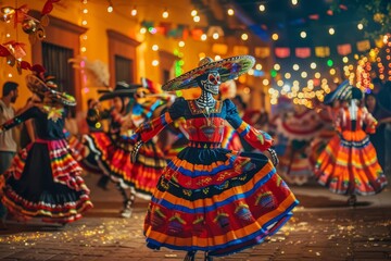 Fototapeta premium Traditional Day of the Dead Celebration with Festive Dancing and Colorful Costumes at Night