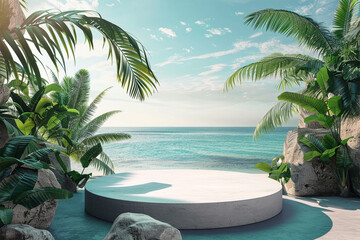 Empty mockup product display 3d podium background for beauty or cosmetic products. Sea beach tropical background.