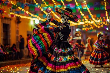 Traditional Mexican Day of the Dead Celebration with Colorful Costumes and Festive Decorations