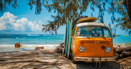 Vintage camper van with surfing board at sea beach in summer vacation