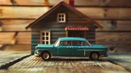Fototapeta premium House on wooden background with retro toy car very detailed and realistic shape