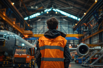 Fototapeta premium Aircraft engineer contemplating work in airplane hangar