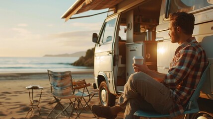 A male rest with a cup of coffee with vintage camper van at sea beach in summer vacation
