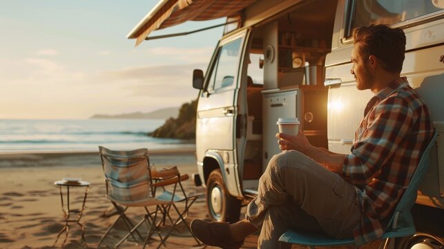 A male rest with a cup of coffee with vintage camper van at sea beach in summer vacation