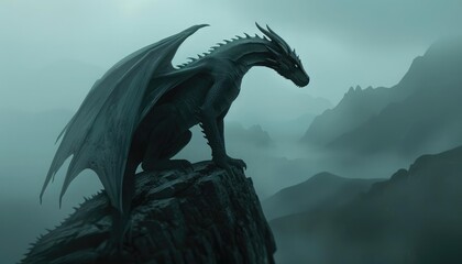 A majestic, grey dragon perched on a rocky crag overlooking a misty valley. © Moonroad