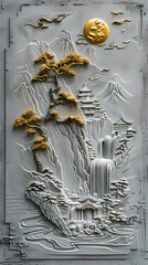 3d Bas-relief, Volumetric stucco molding on a concrete wall with golden elements, Japanese landscape, waterfall, mountains.