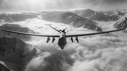 Unmanned Aircraft Flying Above Snowy Mountains