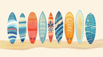 Flat vector illustration of surfing board on tropical sandy beach