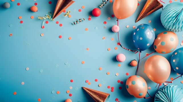 A blue background with party hats and balloons for an end-of-year celebration. Web banner with empty space on the right.