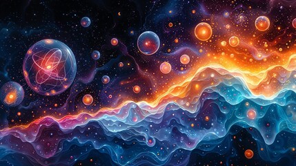 Futuristic abstract artwork depicting quantum electrons, combining elements of scientific technology with vibrant colors and intricate patterns, creating a visually captivating and innovative piece.