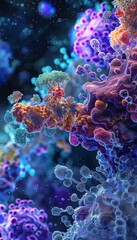 Fototapeta premium Colorful microscopic close-up of bacteria, showcasing vibrant colors and intricate details in a scientific, abstract style.