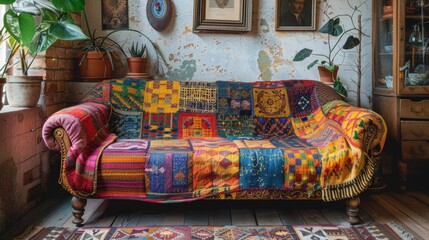bohemian patchwork quilt, a vibrant patchwork quilt in autumn tones on the sofa brings a cozy, eclectic vibe to the living room, ideal for a boho-inspired decor