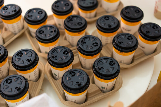 PENANG, MALAYSIA - JULY 08, 2023: Several cups of McDonald's hot drinks are set out on the table.