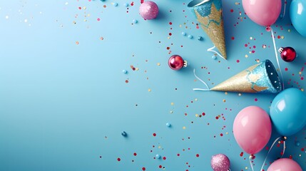 A blue background with party hats and balloons for an end-of-year celebration. Web banner with empty space on the right.