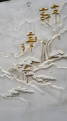3d Bas-relief, Volumetric stucco molding on a concrete wall with golden elements, Japanese landscape, waterfall, mountains.