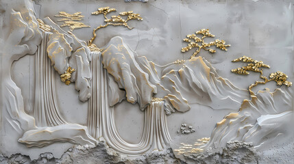 3d Bas-relief, Volumetric stucco molding on a concrete wall with golden elements, Japanese landscape, waterfall, mountains.
