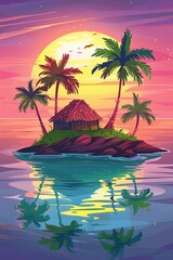 Vector illustration of beautiful scenic landscape of tropical sea island with palm tree and house