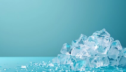 Melting ice cubes on blue table with water around, various sizes, light blue background