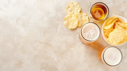 Three glasses of beer with a bowl of potato chips on a grey surface
