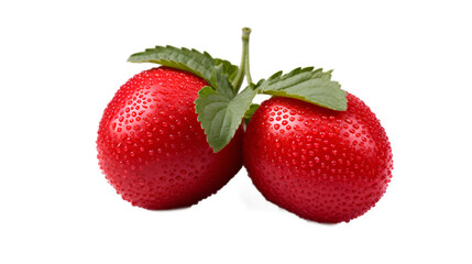 two strawberries with leaves on a white background