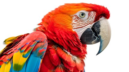 Obraz premium Scarlet macaw parrot in vibrant colors, isolated on a white background, studio shot. capturing the essence of its majestic beauty in a clean and simple composition.