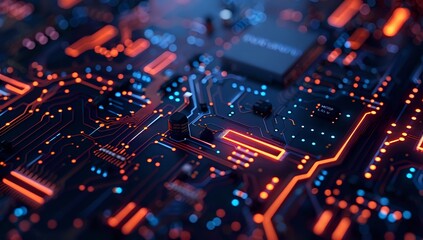 Obraz premium Computer Circuit Board with Orange and Blue Lights