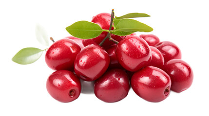 a pile of cherries with a leaf on top