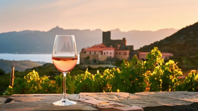 A glass of ros&eacute; Corsican wine outdoors.  Landscape with vine bushes, an old Corsican town, and mountains in the background.
