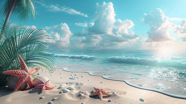Starfish and seashell on the summer beach in sea water.