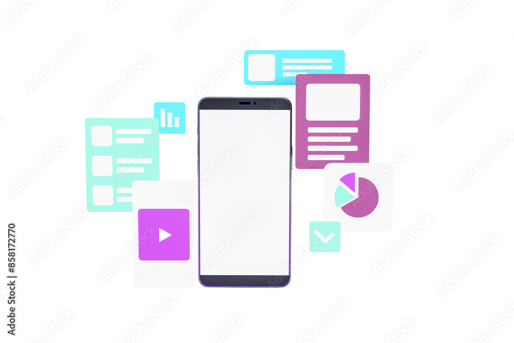 Aufkleber Smartphone with colorful application graphics floating around it on a white background, concept of mobile technology. 3D Rendering