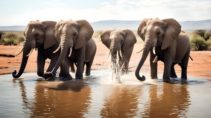 Obraz premium A herd of elephants drinking and playing at a waterhole, with calves splashing in the water and a scenic African landscape