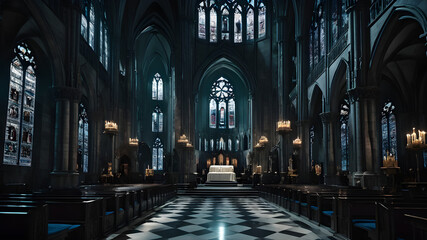 an image of a Gothic cathedral interior. The church is dark and cavernous, with tall columns and a high ceiling. 