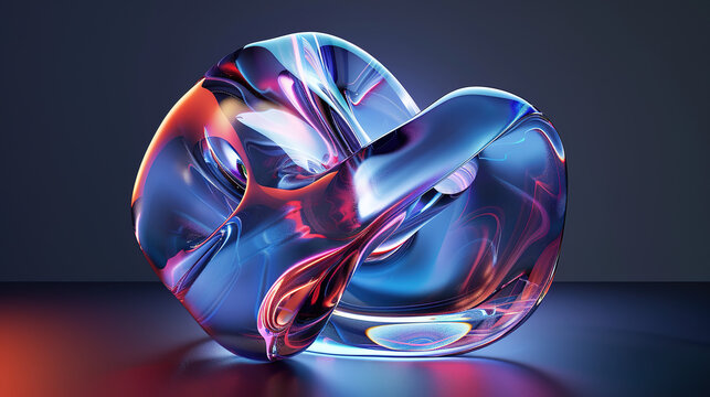 Exquisite 3D Render of Abstract Extreme Macrophotography Featuring an Organic Glass Shape with Blue and Red Gradients, Sine-Curve Glass Panel, Stretched Like Taffy, Redshift 3D, Studio Lighting, Isola