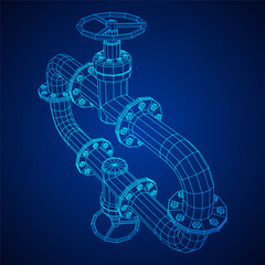 Oil pipeline with valve. Petrol production. Petroleum fuel industry transportation line. Wireframe low poly mesh vector illustration